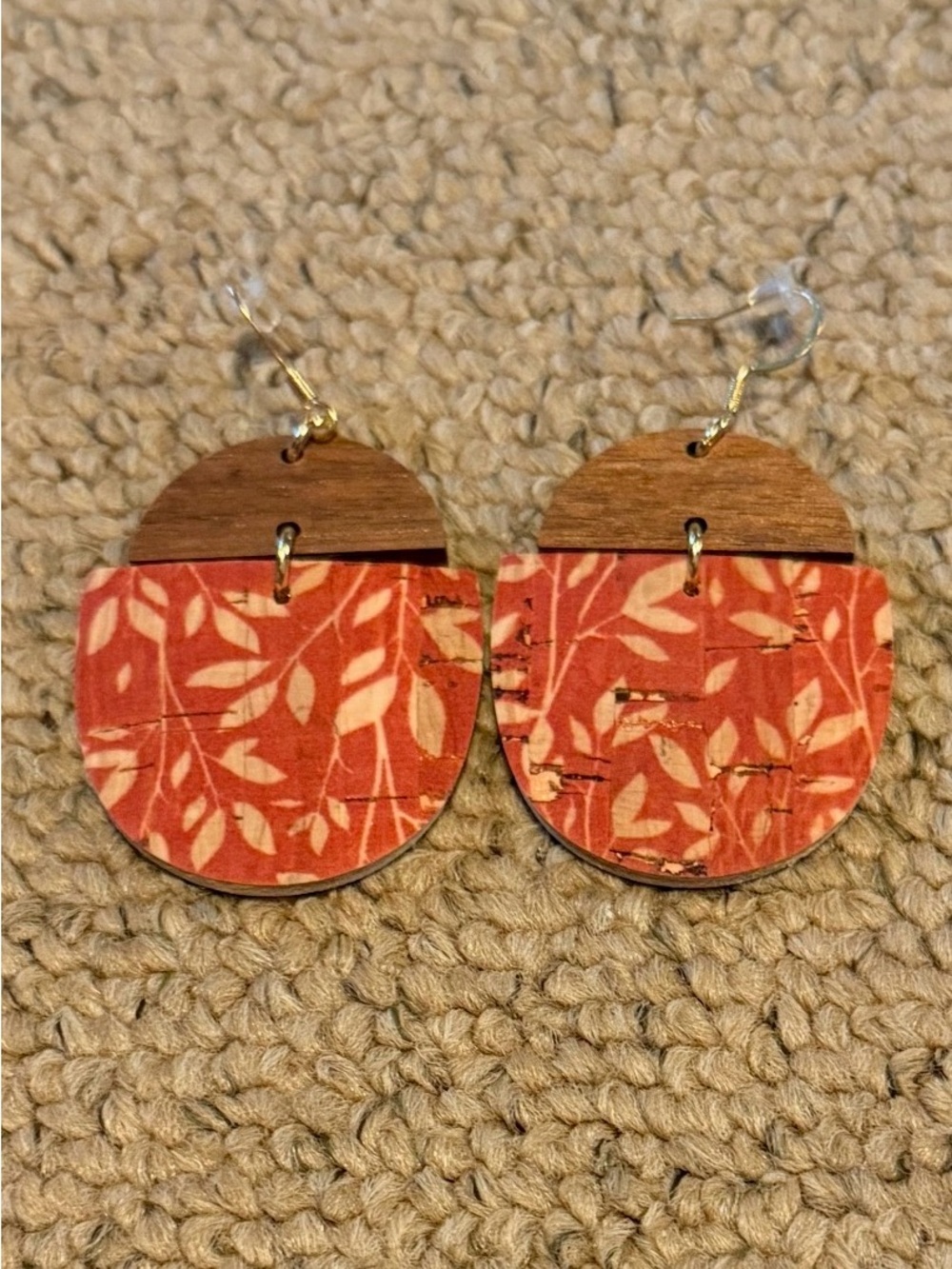 Handcrafted Red Leaf Wood and Cork Statement Earrings